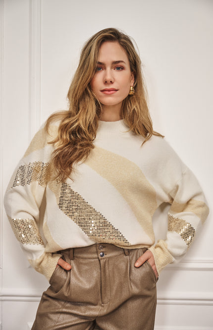 Sweater Diagonal Sequins Offwhite Sand W25.27705