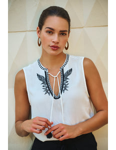 EsQualo Top slv/lss embroidery offwhite 14235 Stretchshop.nl
