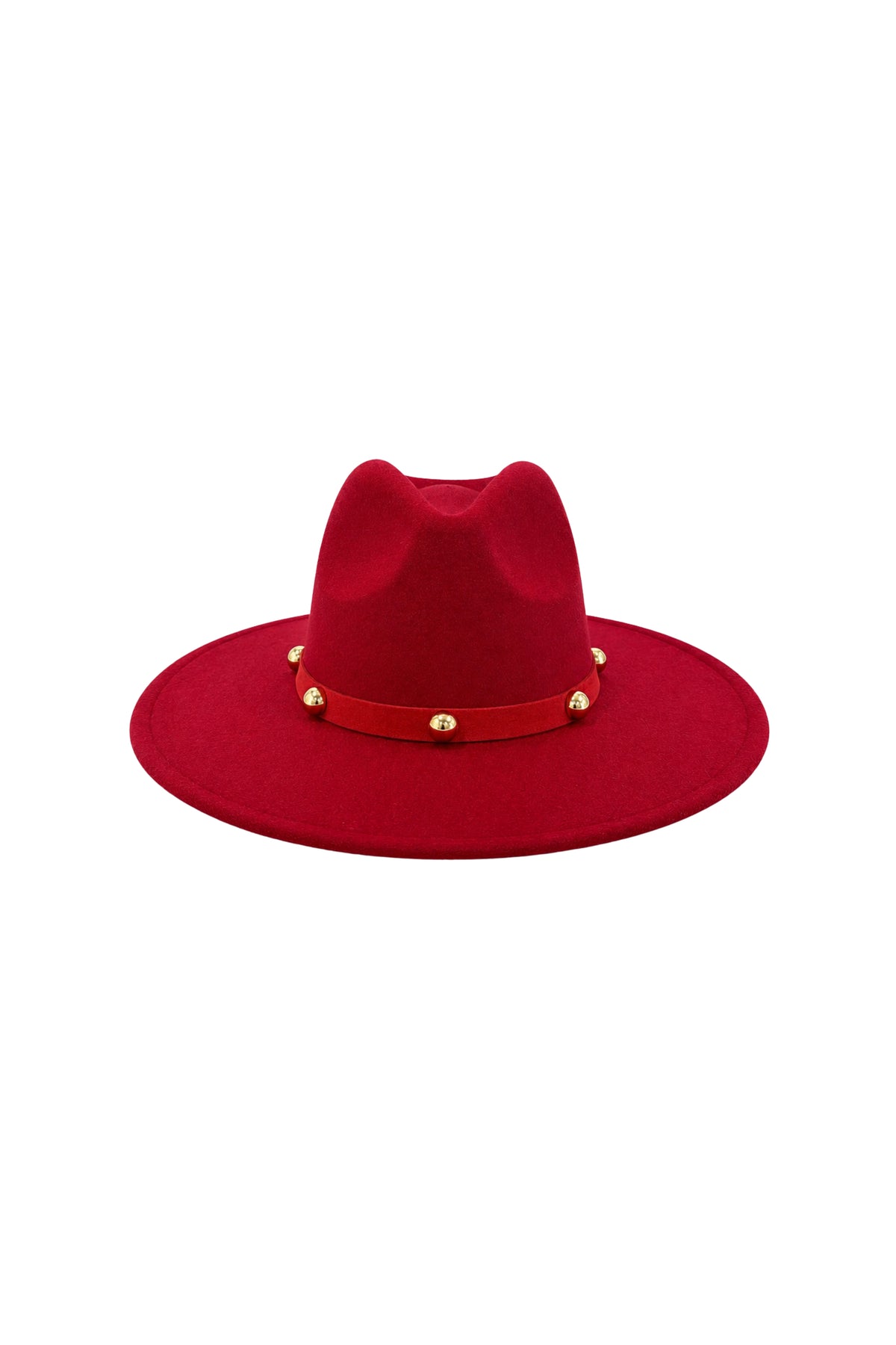 Burgundy hoed met studs van Stretchshop.nl, modieus accessoires, met rand en decoratieve metalen studs.