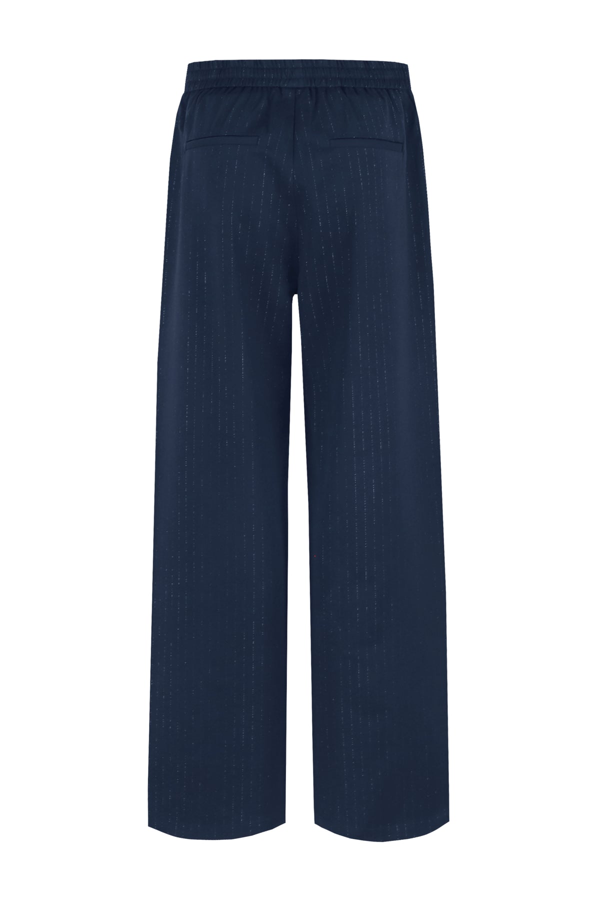 Donkerblauwe Aretha broek van G-maxx met een comfortabele pasvorm, zichtbaar met elastische taille en rechte pijpen.