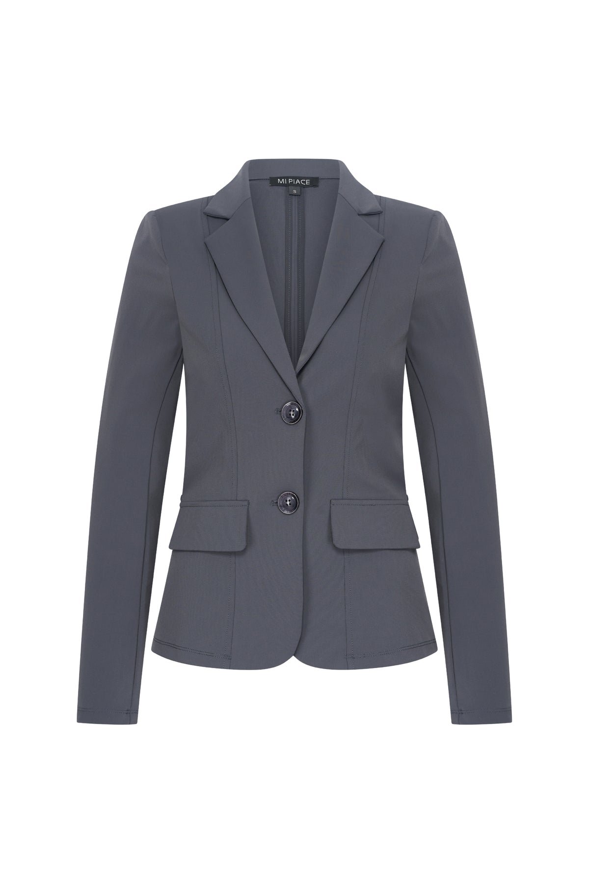 Donkergrijze reisblazer van Mi Piace, stijlvolle en comfortabele jas voor zakelijke en casual gelegenheden.