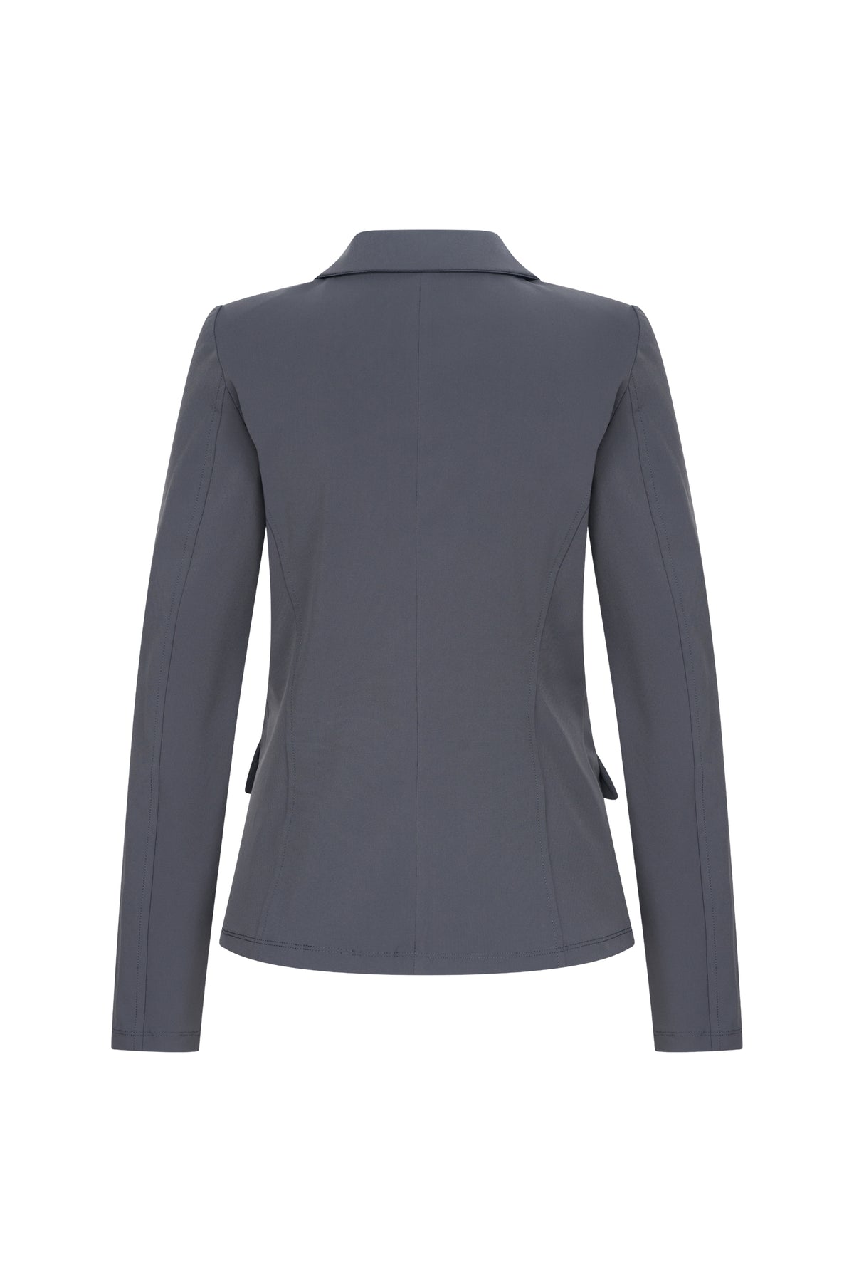 Donkere grijze travel blazer van Mi Piace, gedragen door een model, met comfortabele pasvorm en stijlvolle uitstraling.