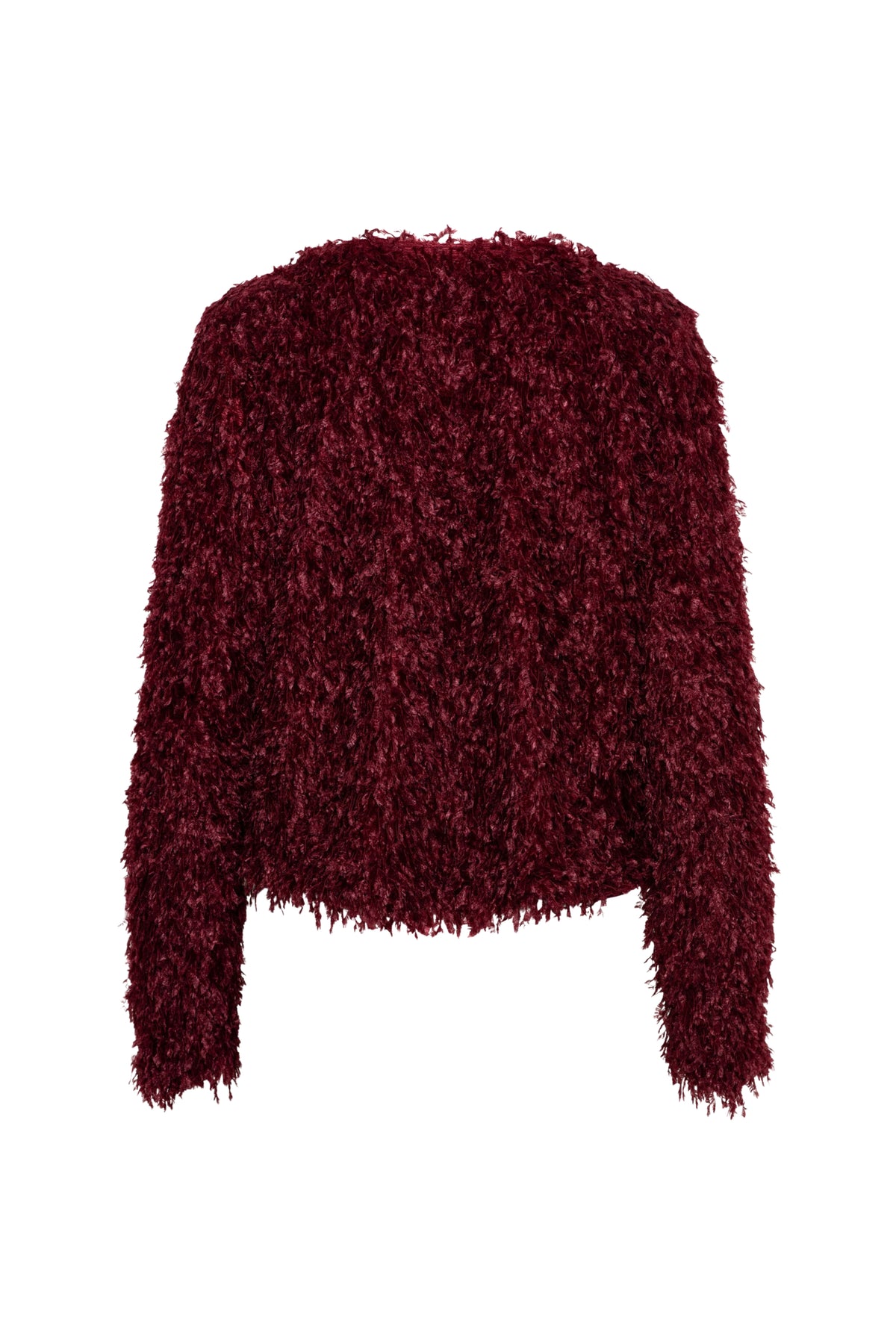 Donkere wijnrode trui van &Co woman met een comfortabele pasvorm en zachte stof, gedragen door een model.