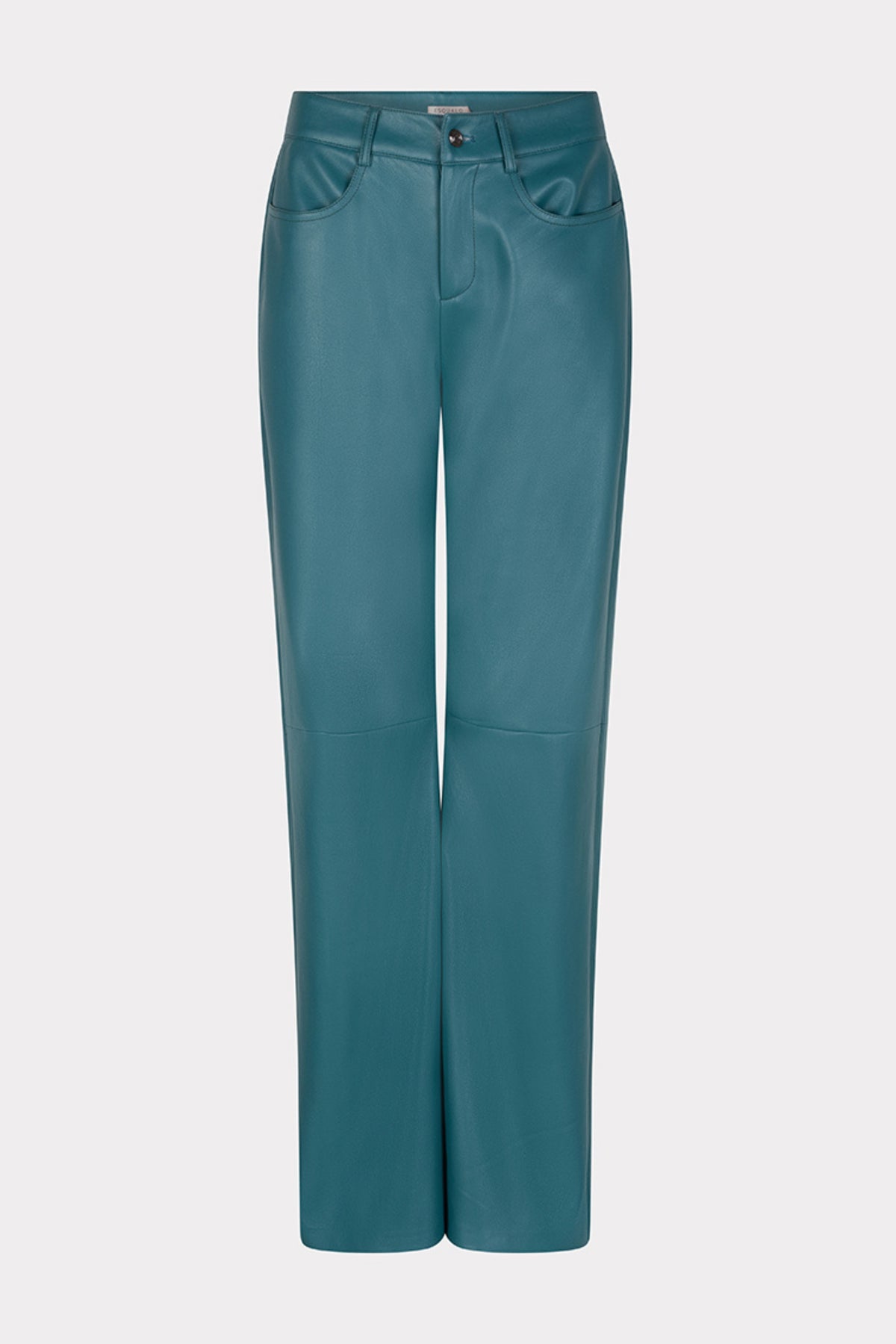 Wijdvallende teal kleurige PU broek van EsQualo, model Larissa, getoond op een model in een moderne setting.