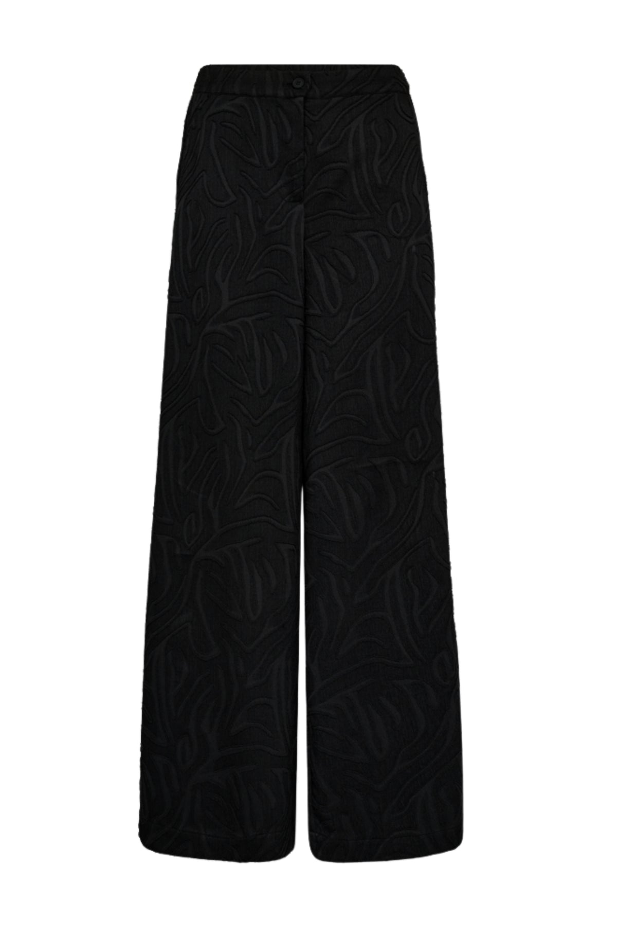 Zwarte broek Fqminna van Freequent, getoond op model met een rechte pasvorm en elastische tailleband.