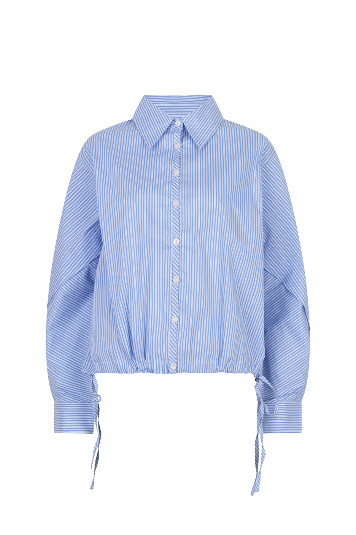 Blouse van EsQualo met blauwe en witte strepen, korte mouwen en lossere pasvorm, gestreepte cropped batwing stijl.