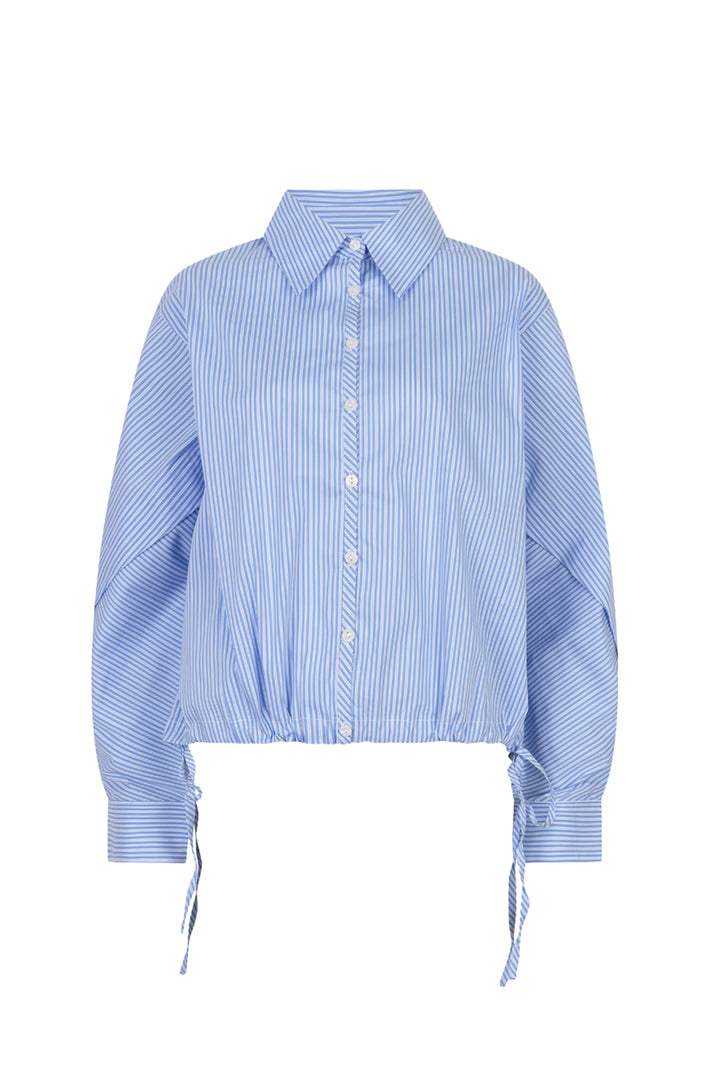 Blouse van EsQualo met blauwe en witte strepen, korte mouwen en lossere pasvorm, gestreepte cropped batwing stijl.