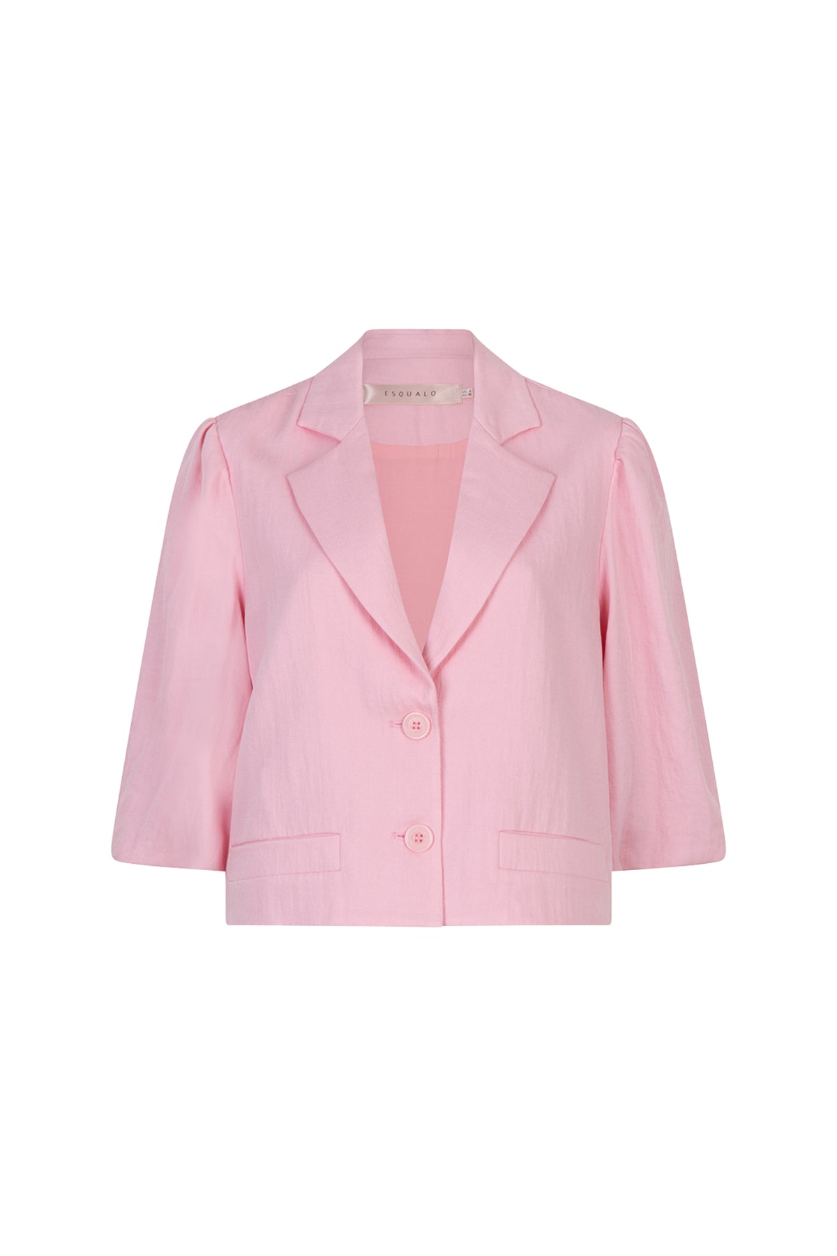 Blazer Twill Cropped Puff Sleeve Romance Rose van EsQualo, korte blazer met ballonmouwen en rozenprint.