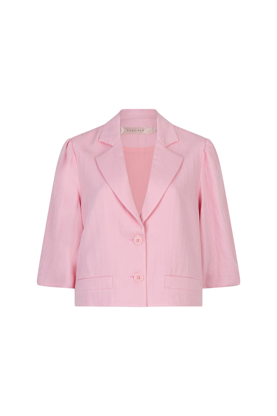 Blazer Twill Cropped Puff Sleeve Romance Rose van EsQualo, korte blazer met ballonmouwen en rozenprint.