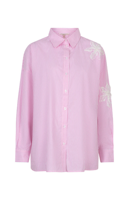 EsQualo Blouse Striped Flower Patch White Pink SP26.14028 Stretchshop.nl