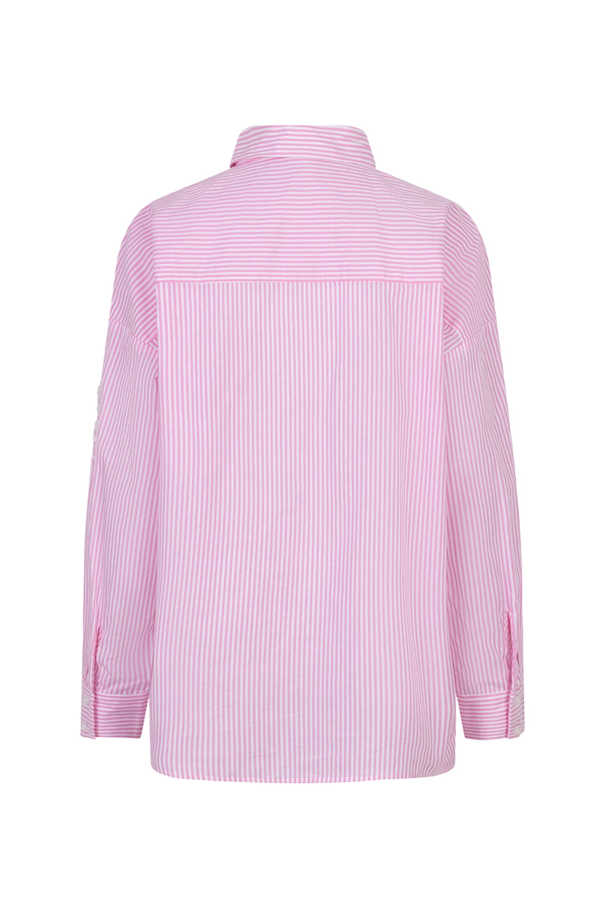Witte en roze gestreepte blouse met bloempatch van EsQualo, stijlvolle damesblouse met bloemenpatroon en stripes.