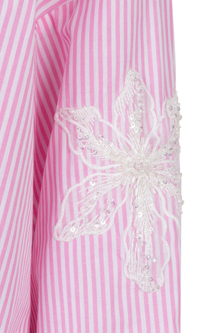 EsQualo Blouse Striped Flower Patch White Pink SP26.14028 Stretchshop.nl