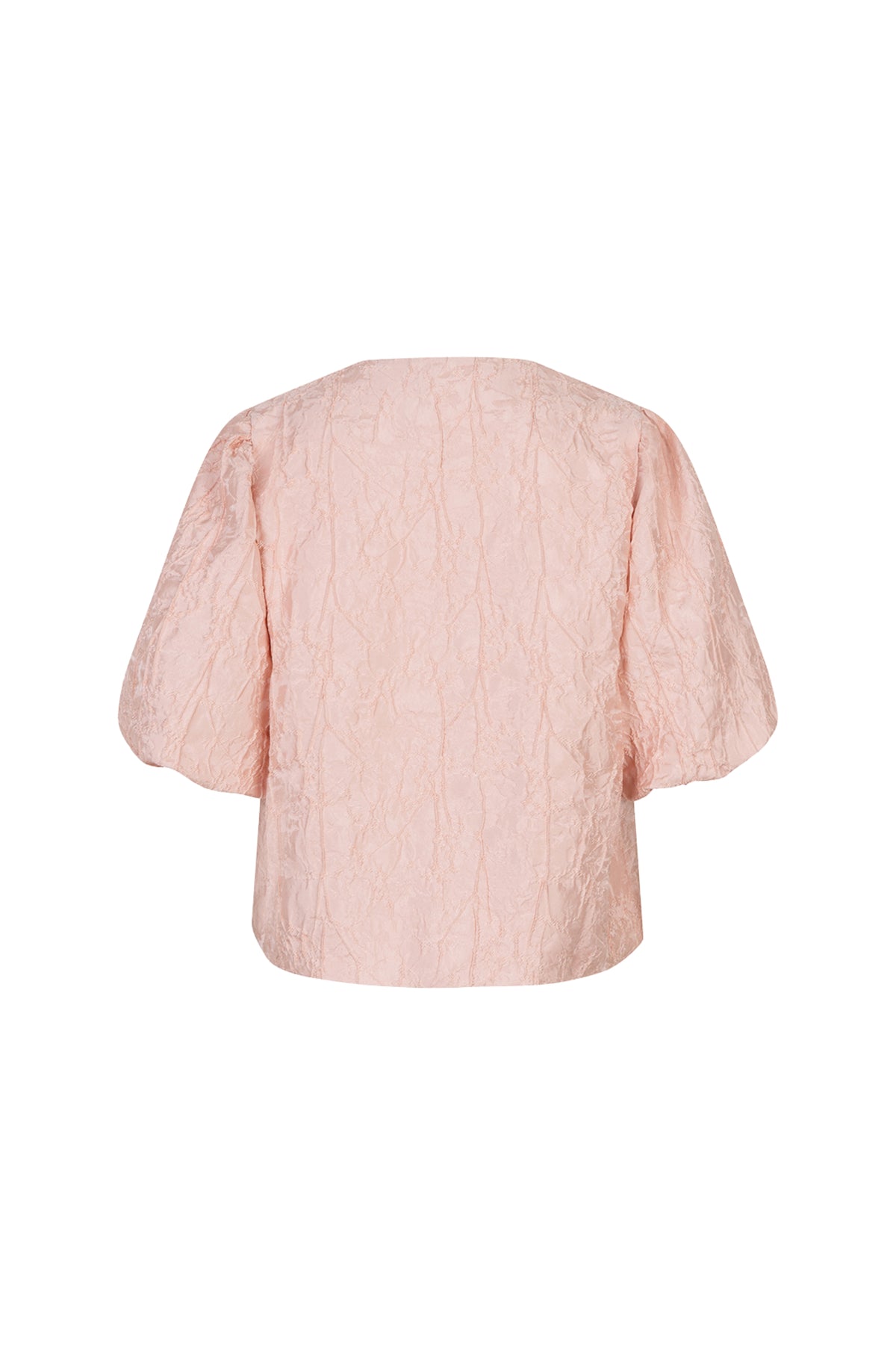 EsQualo Top Balloon Jacquard Faded Rose met opvallend patroon en ronde hals, gedragen door model.