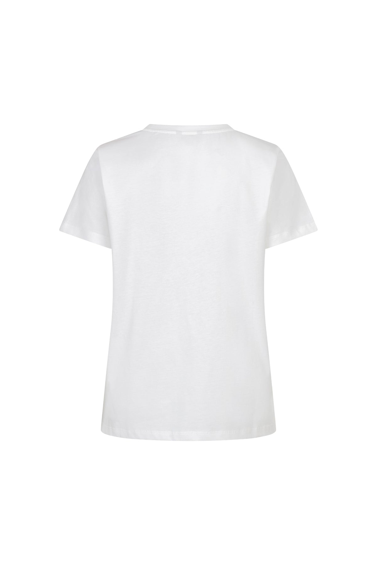 Offwhite T-shirt van EsQualo met roze details en Paris-print, gedragen door model op witte achtergrond.