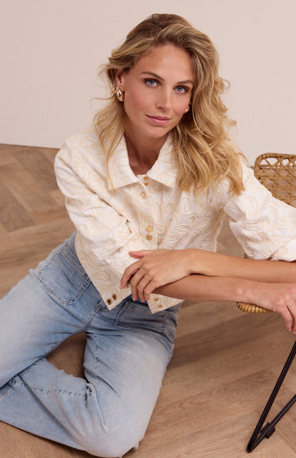 Tramontana Jacket Embroidered Denim Offwhite C38-19-801 2 Stretchshop.nl