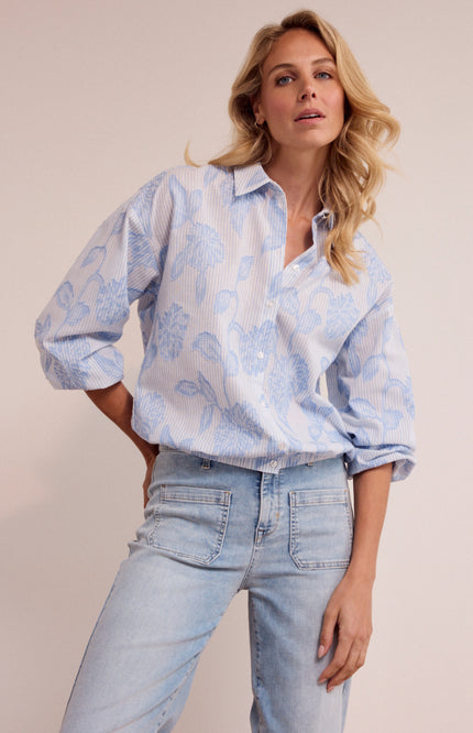 Blouse Striped Flower Pattern Breezy Blue O12-19-301 1