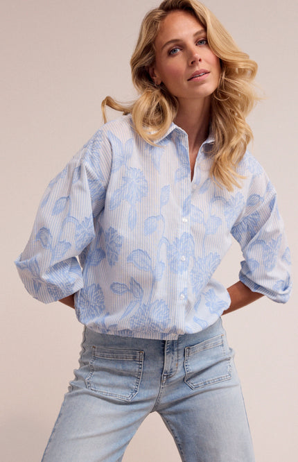 Blouse Striped Flower Pattern Breezy Blue O12-19-301 1