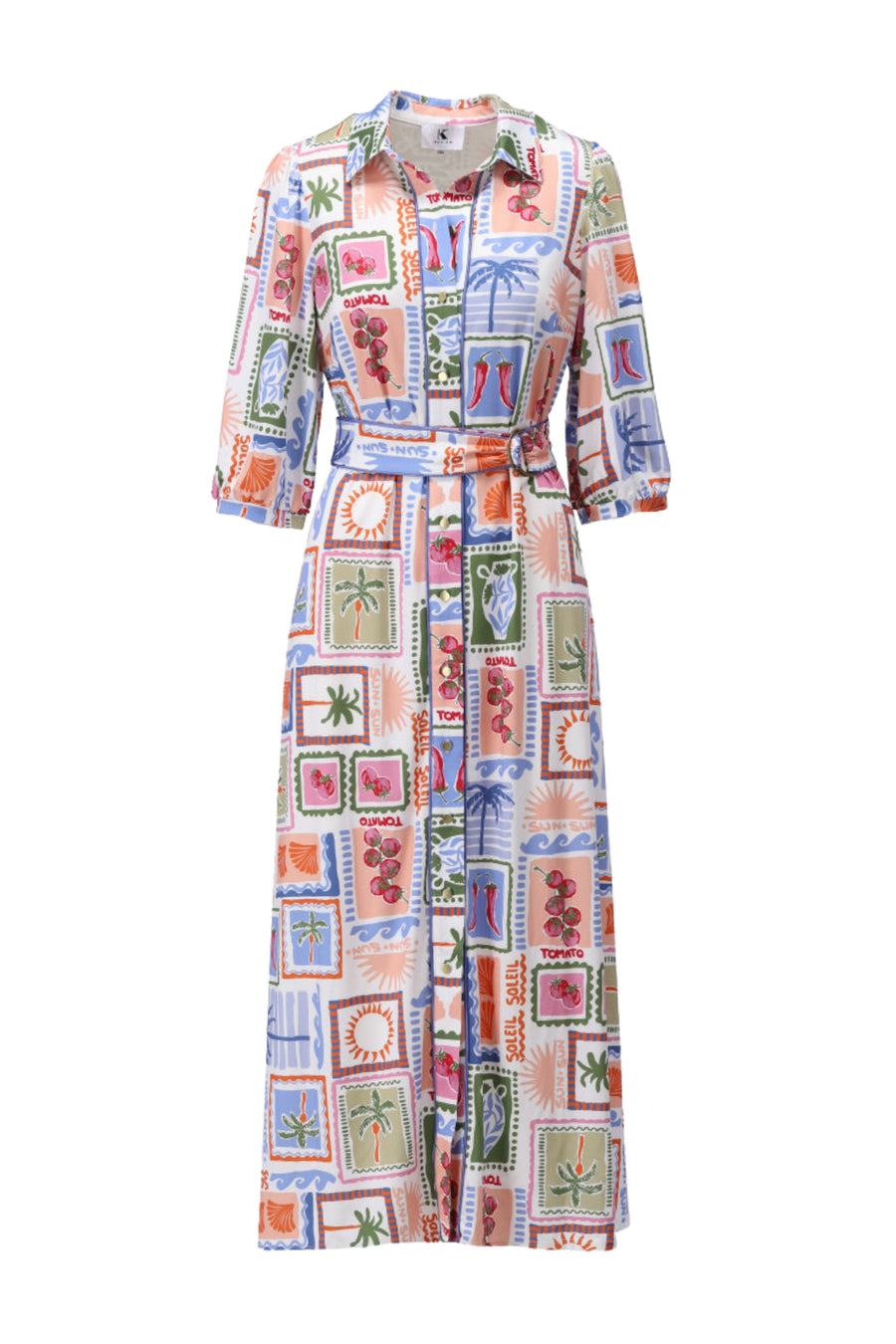 Zwarte maxi jurk met kleurrijk design van K-design, vloeiend vallend en elegante pasvorm, zichtbaar in de afbeelding.