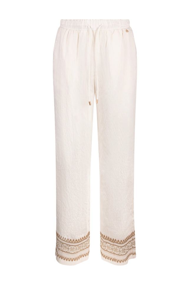 Nukus Broek Valerie Embroidery Offwhite Camel NKS09049 Stretchshop.nl