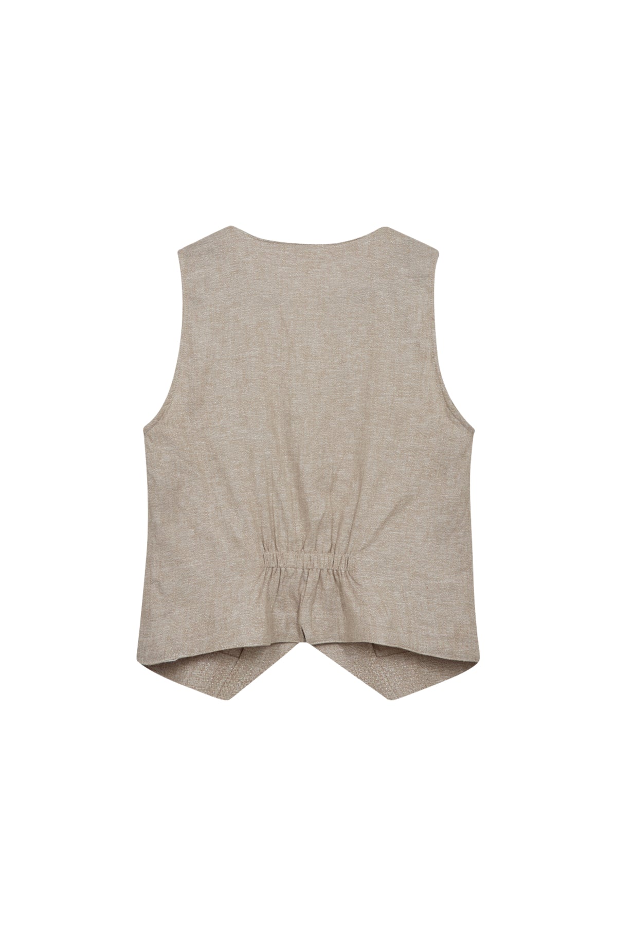 Zilveren sandkleurig Fqlavasi gilet van Freequent, gedragen door een model, met een losse pasvorm en subtiele melange textuur.