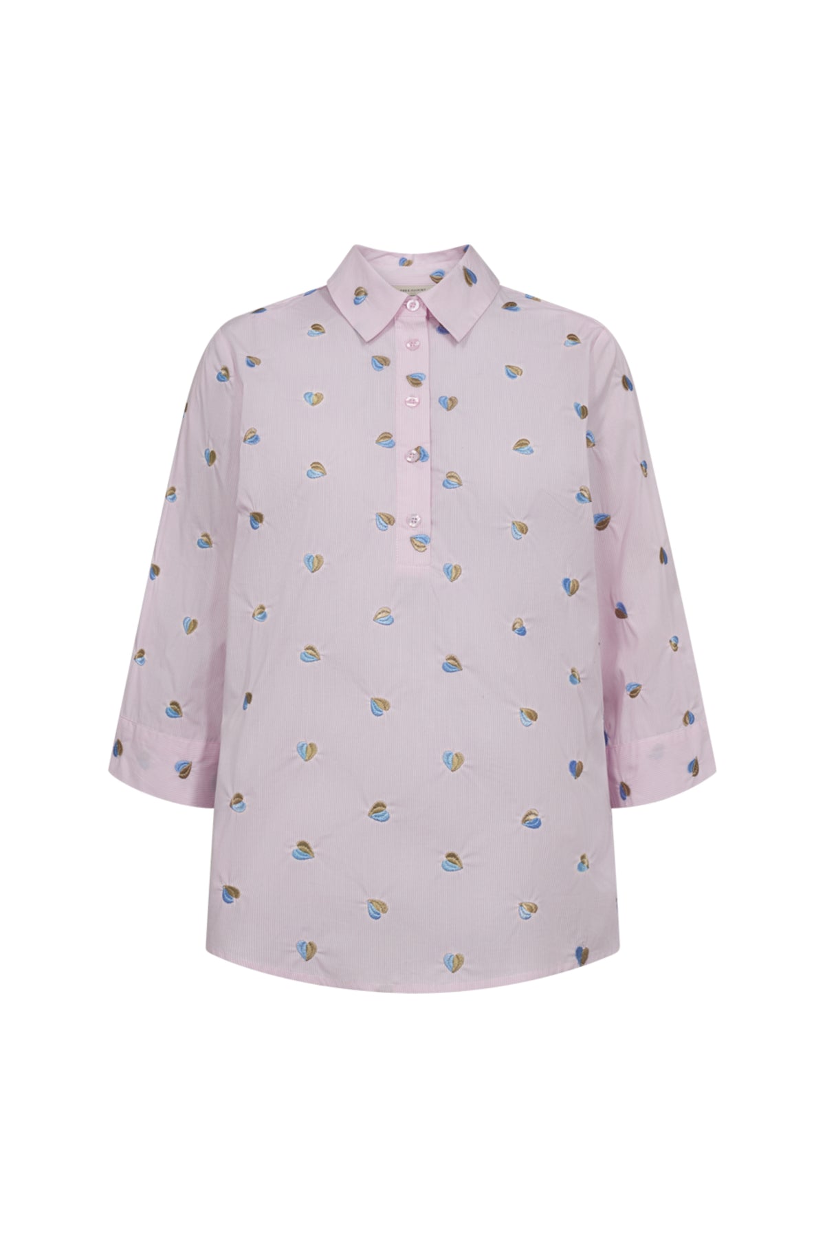 Blouse Freequent Fqrosan Sweet Lilac Blue Bell met lange mouwen en losse pasvorm, getoond op een model.