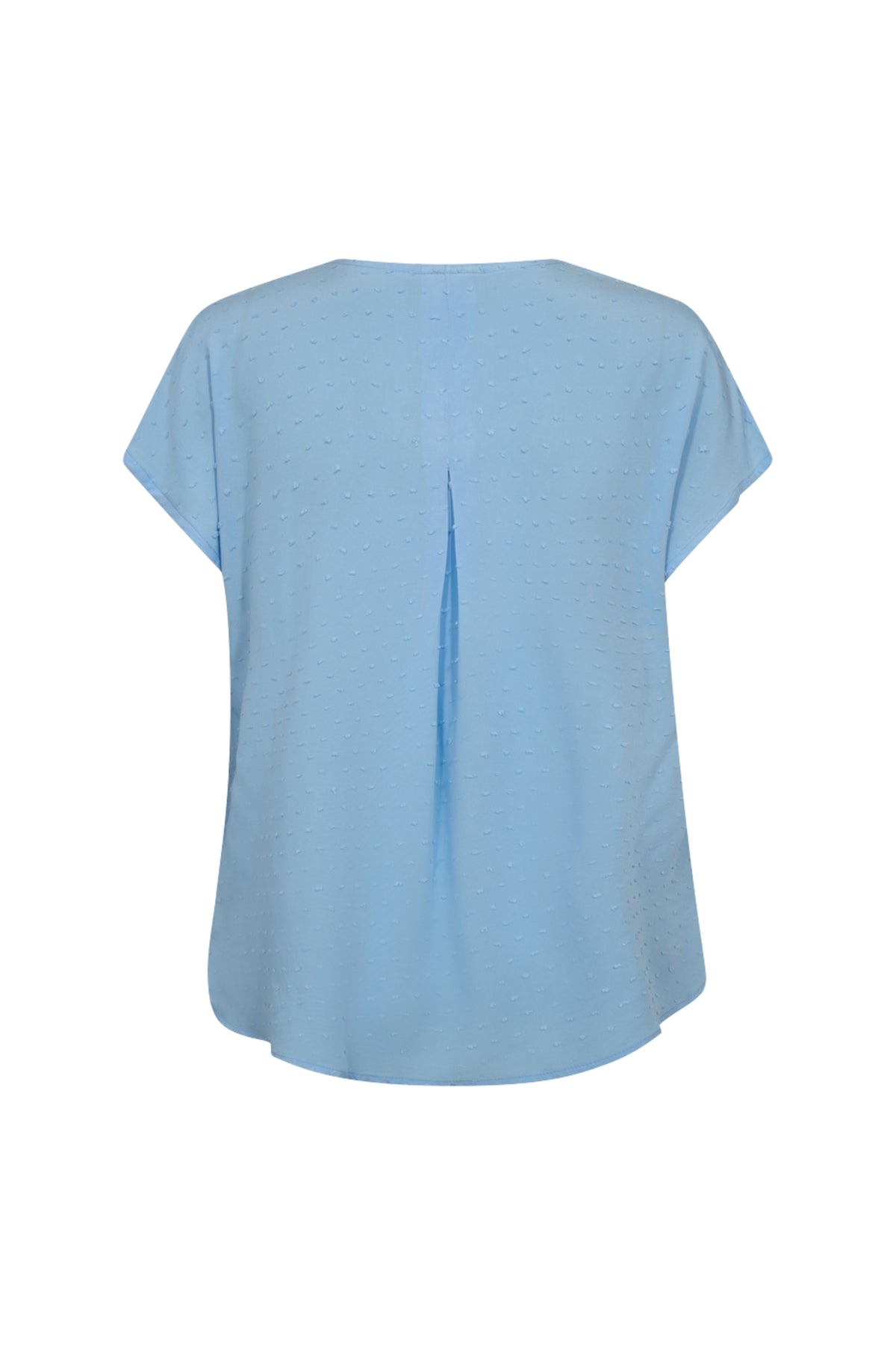 Blouse Freequent Fqkalya Blue Bell met lange mouwen en ronde hals, gedragen door een model, in een lichte blauwe kleur.