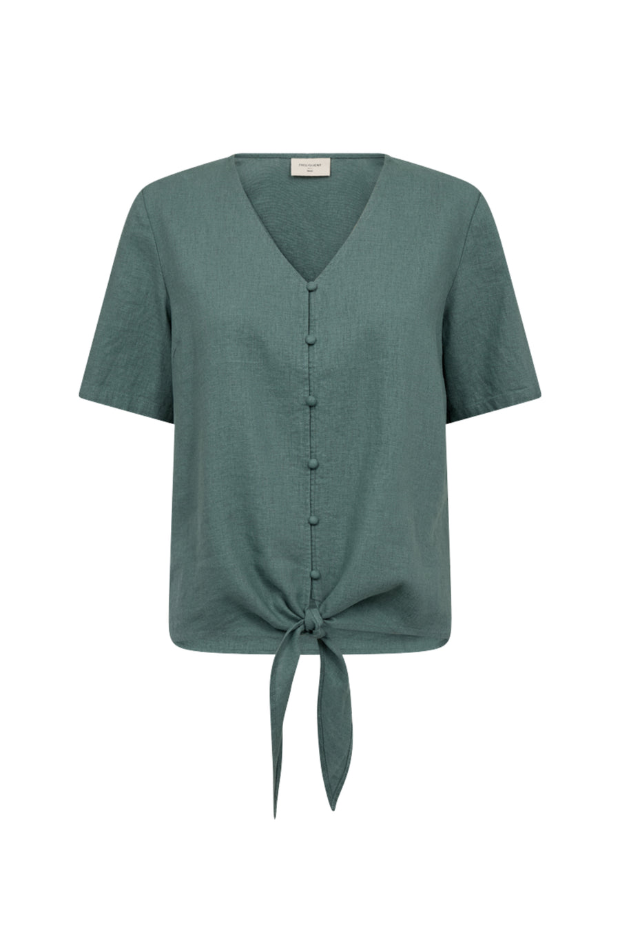 Donkere groene blouse Fqlava van Freequent, met losse pasvorm en lange mouwen, zichtbaar in de afbeelding.