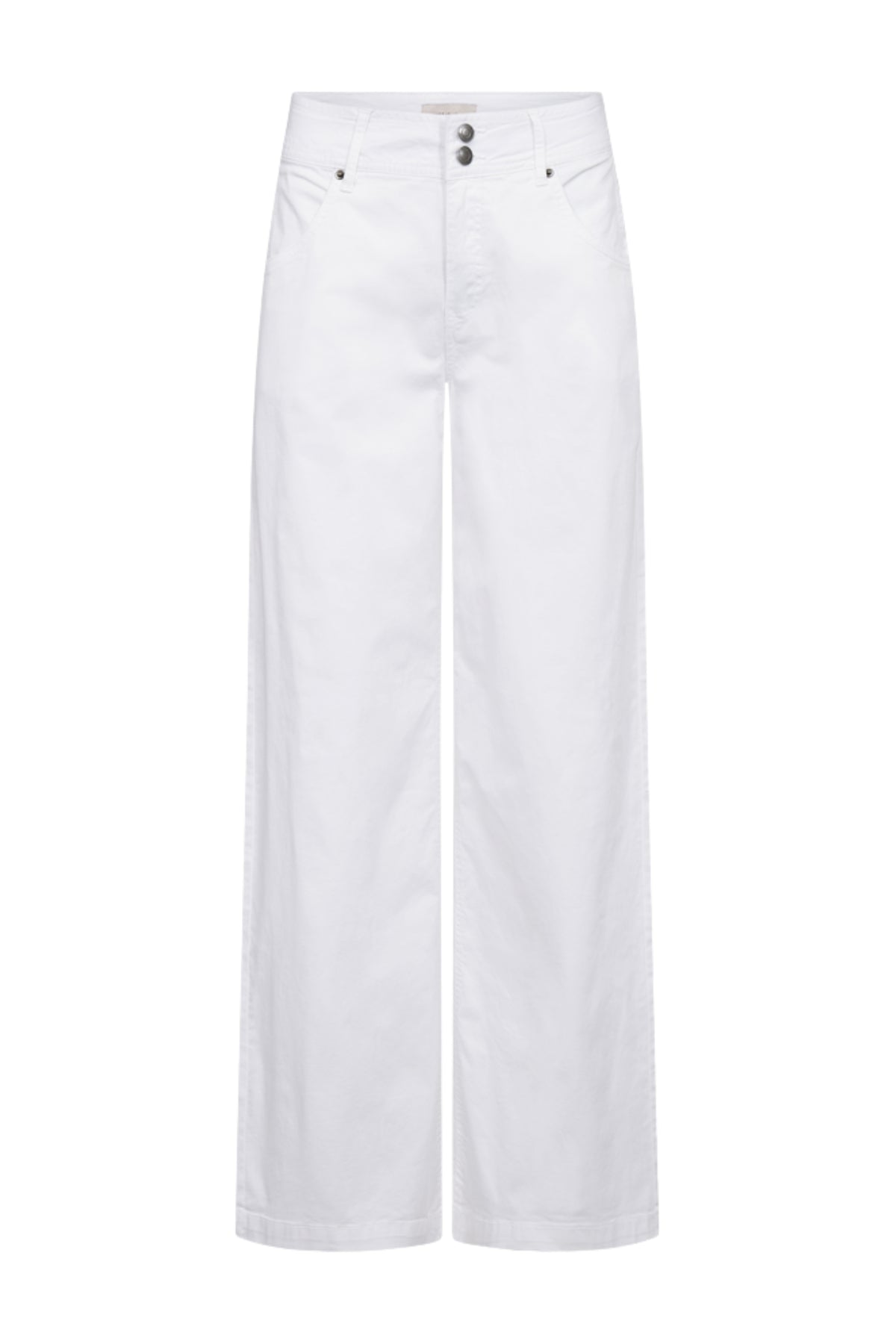 Witte jeans van Freequent Fqlopez Brilliant White 207746, model met rechte snit en 5 zakken, gedragen door een model.