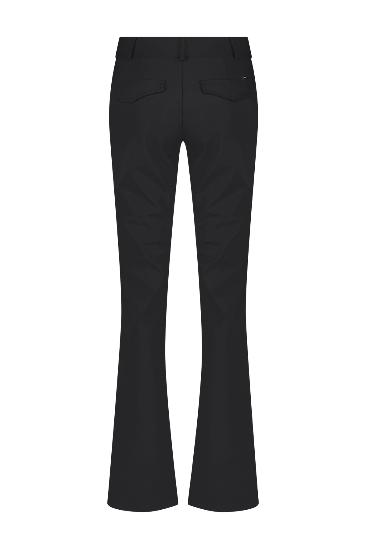 Zwarte Lady Day reissetbroek Poppy L12-475-0033 met rechte pasvorm en elastische taille, gelegen op een houten vloer.
