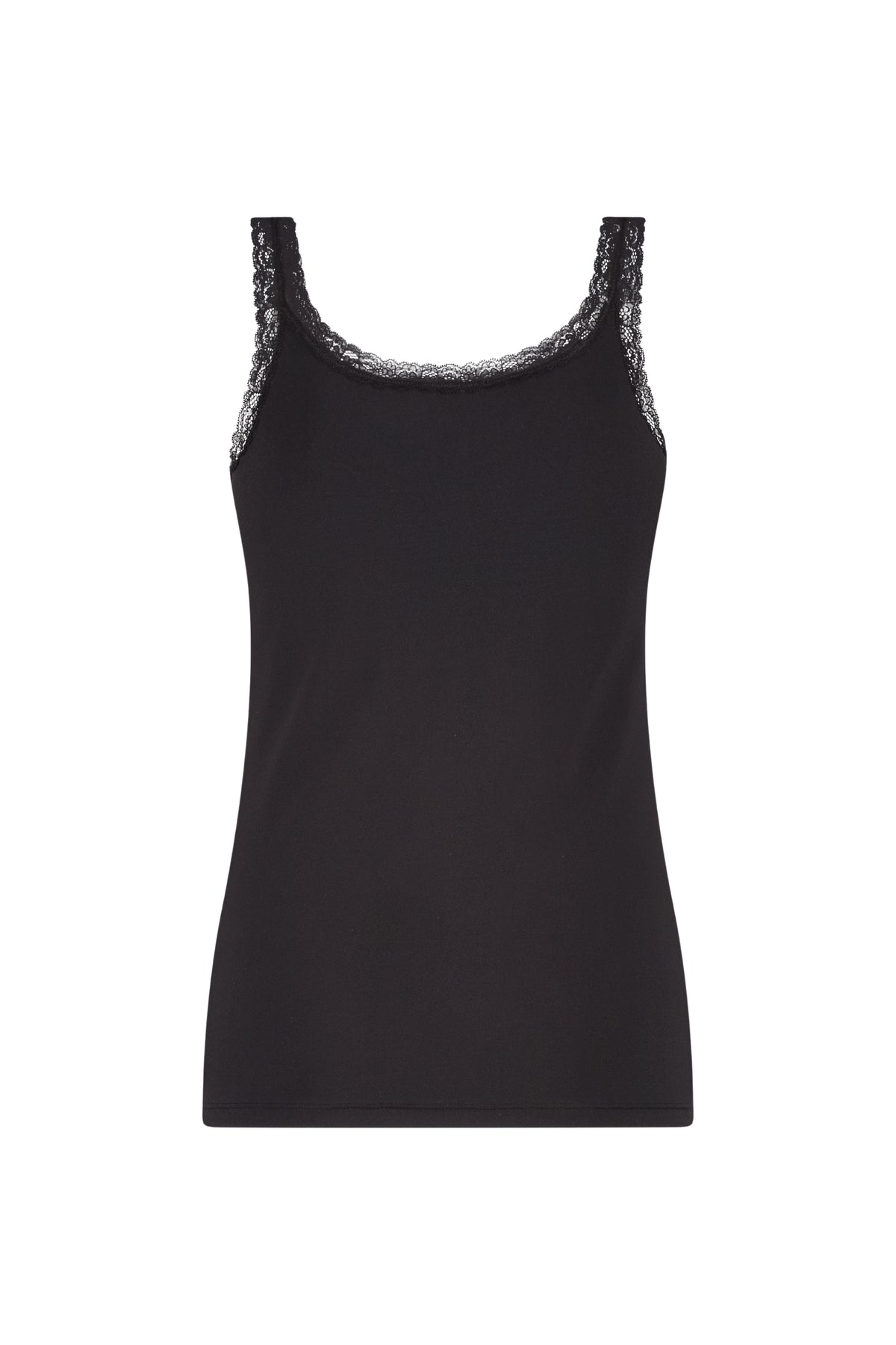 Zwarte Lady Day travel top met lace details, elegant en comfortabel, gedragen door een model op een witte achtergrond