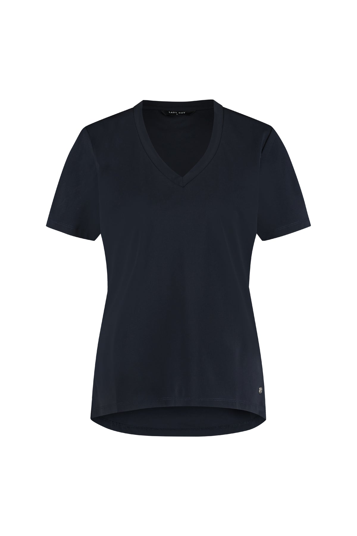 Blauwe Lady Day reistrui met korte mouwen en logo, casual stijl, op een witte achtergrond.