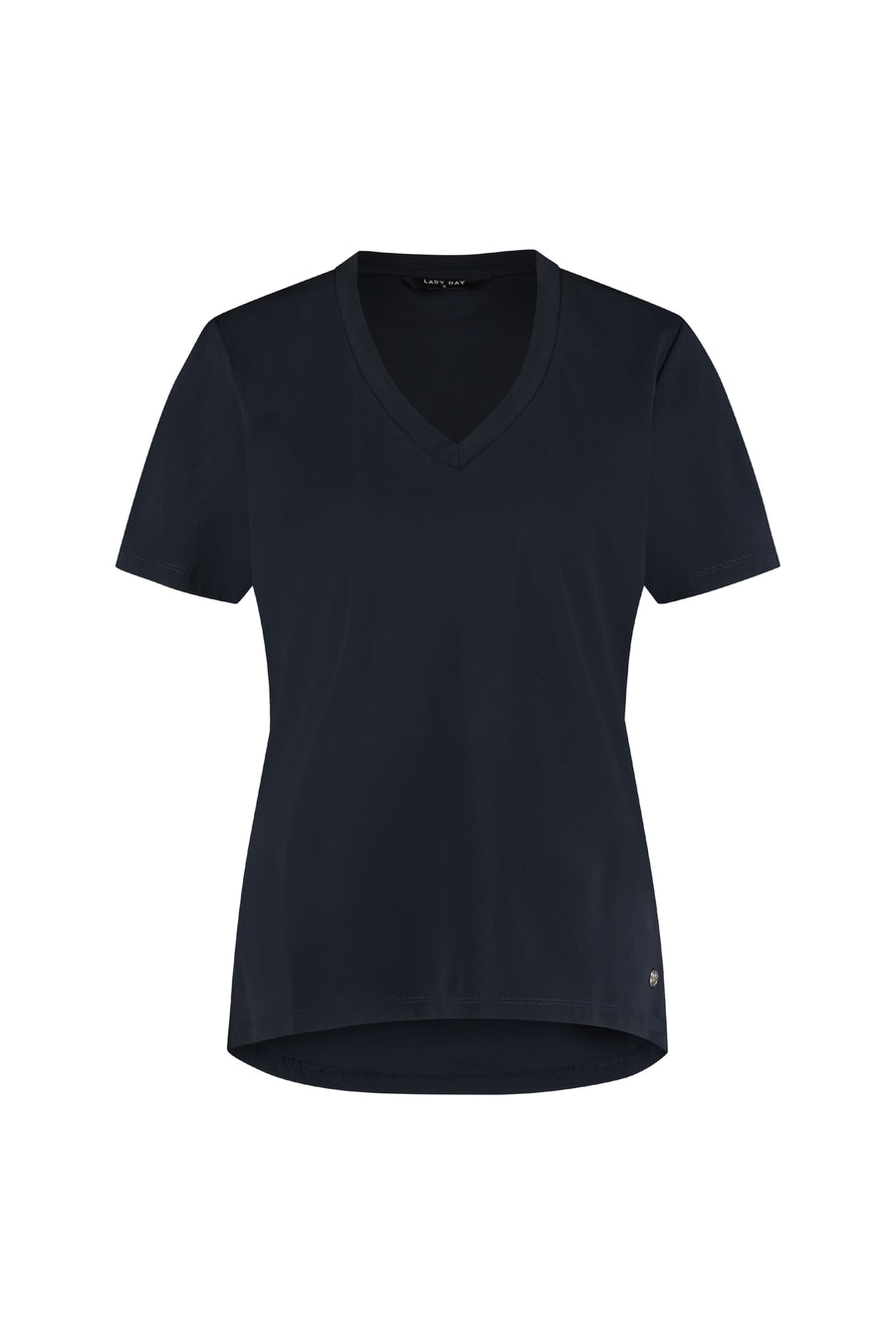 Blauwe Lady Day reistrui met korte mouwen en logo, casual stijl, op een witte achtergrond.