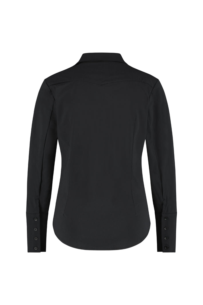Zwarte Lady Day Travel blouse Suzy L27-375-0011, getailleerd model met lange mouwen en stijlvolle uitstraling.