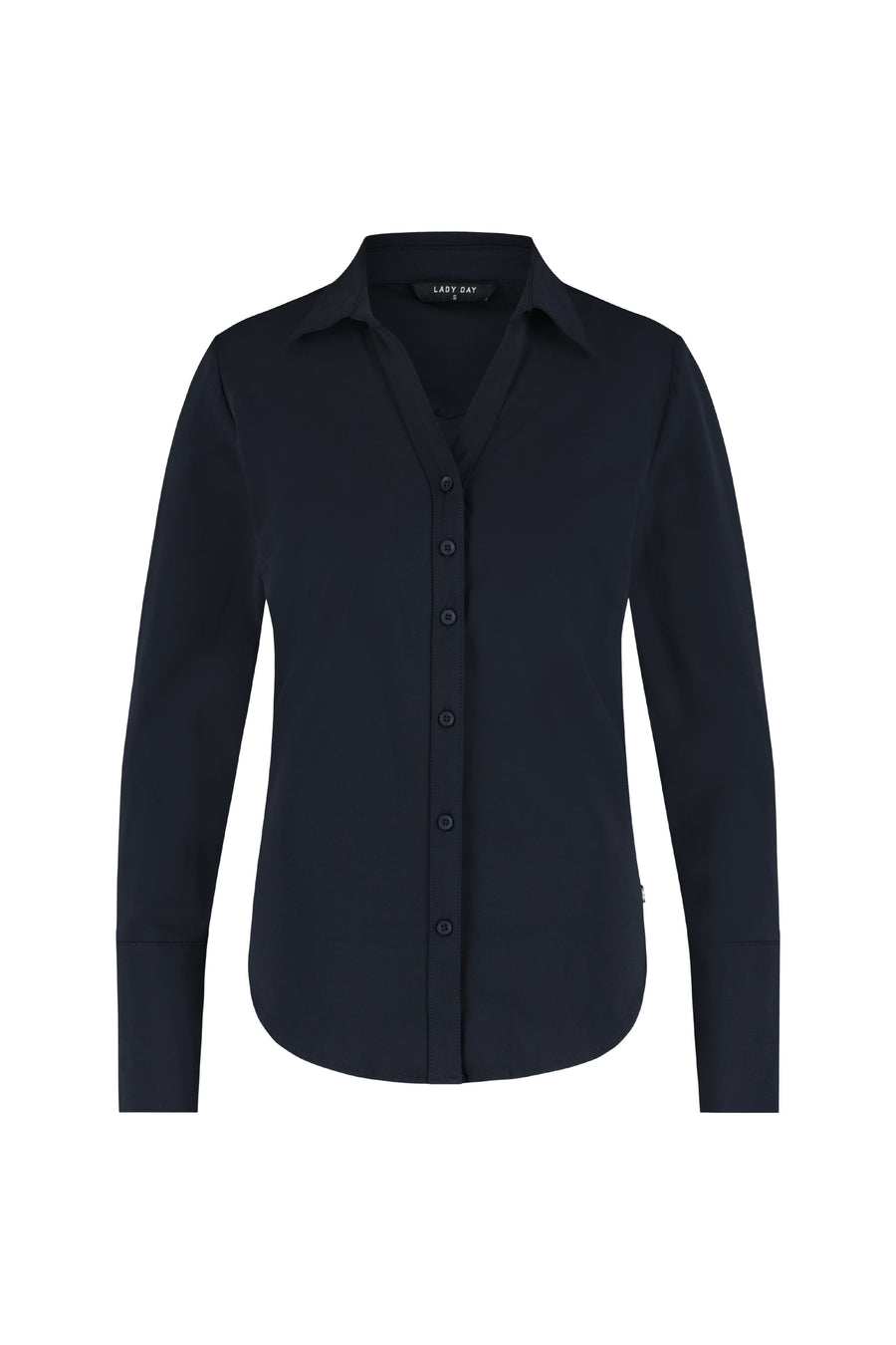 Lady Day Travel Blouse Suzy in blauw, lange mouwen en losse pasvorm, zichtbaar op de afbeelding.