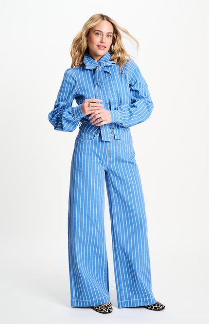 POM Amsterdam Blouse Denim Stripes Blue SP9504 Stretchshop.nl