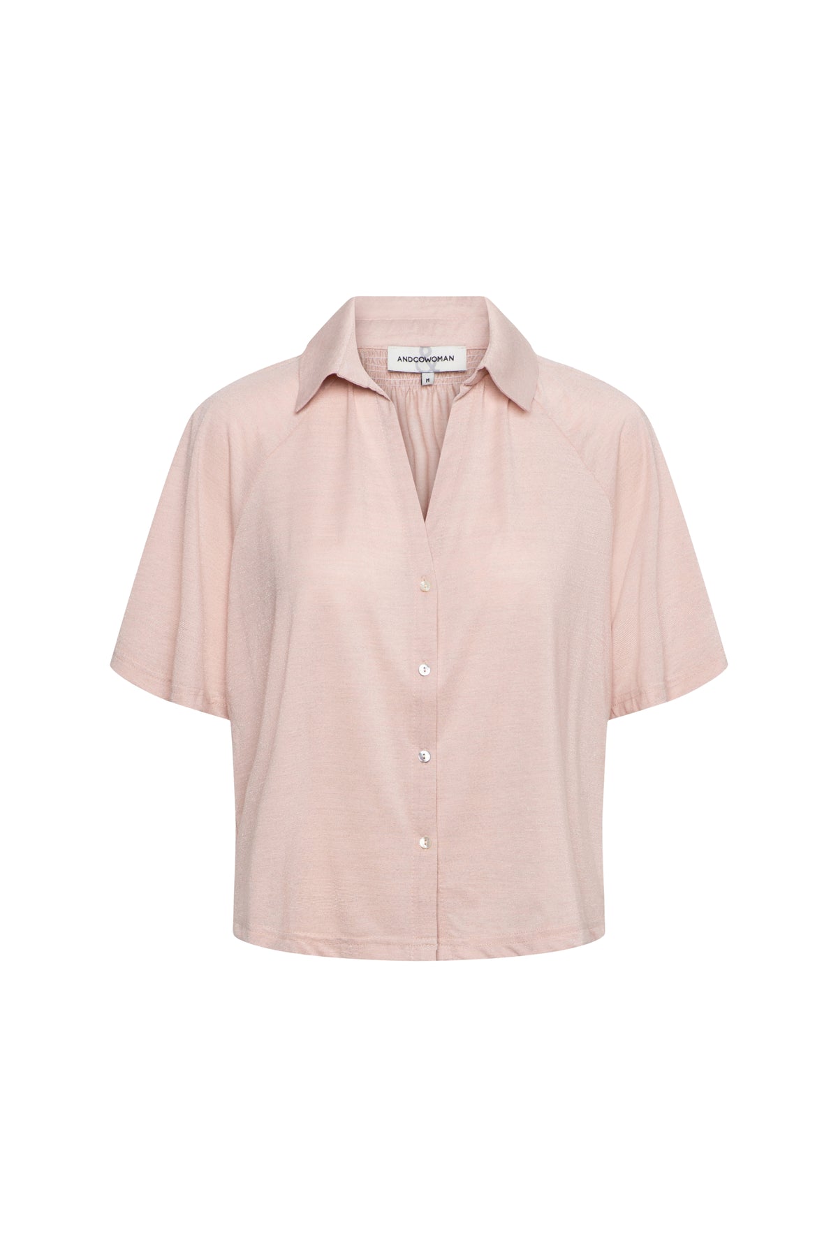 Lichte roze blouse Vanity Pale Pink van &Co woman, met elegante pasvorm en zachte stof, gedragen door een model.