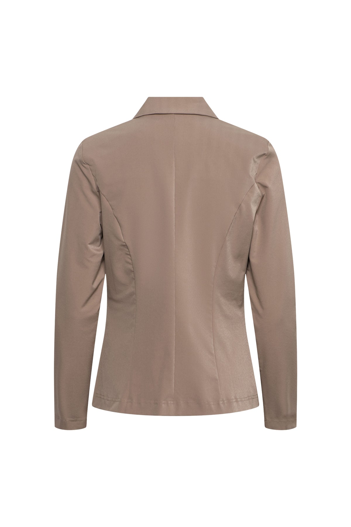 Taupe travel blazer Phileine van &Co woman, getailleerd en stijlvol, zichtbaar met knoopsluiting en stijlvolle details.
