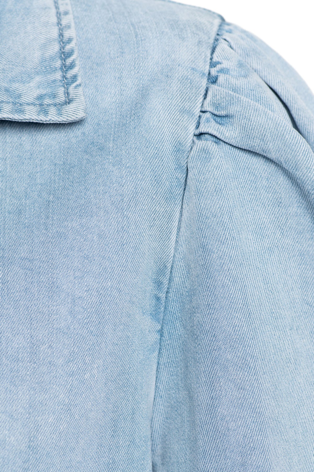 Lichte denim jas Jenny Light Denim van &Co woman, close-up van de stof en knoopdetails op de voorkant.