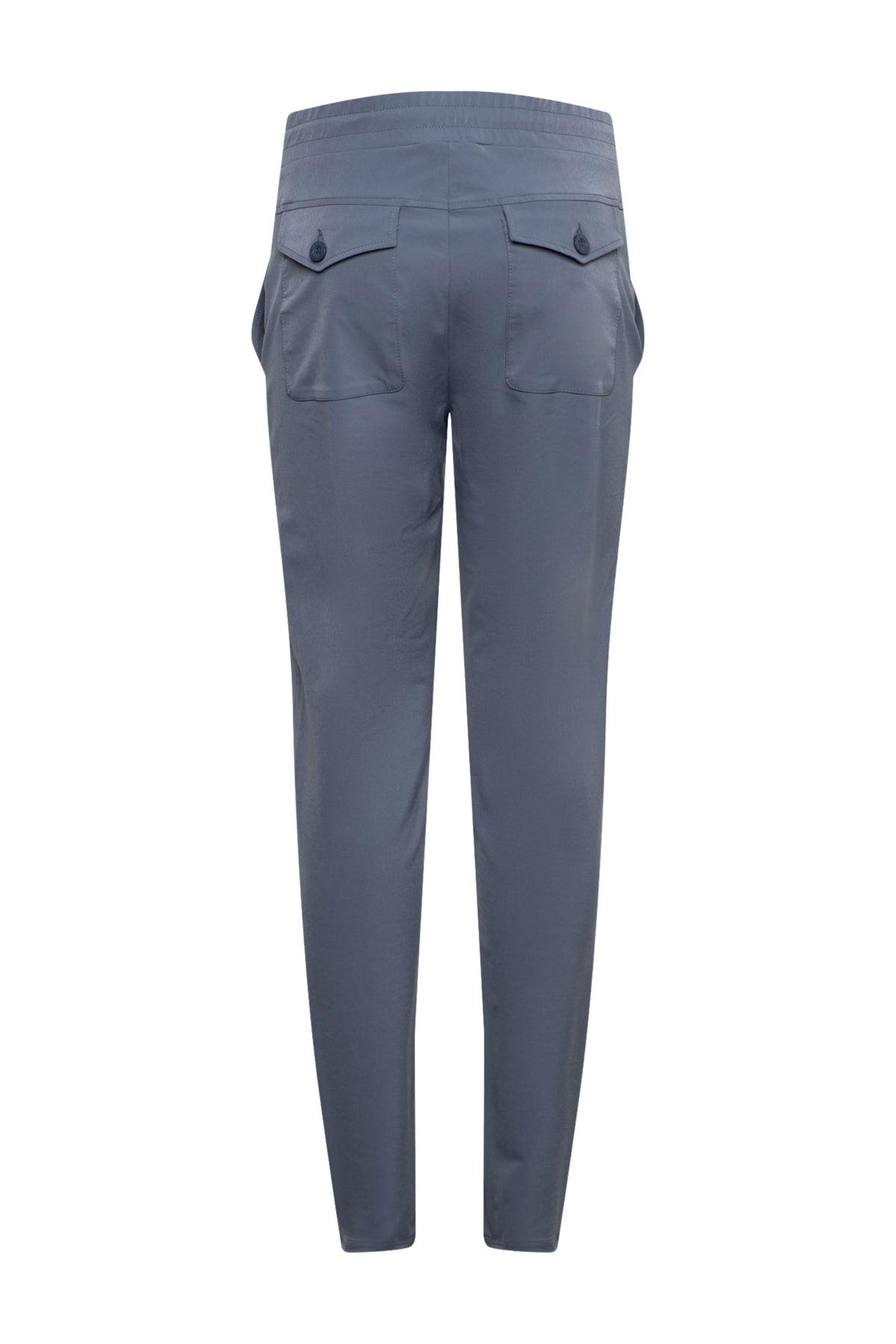 Zwarte reisbroek Penny van &Co woman, donker slate kleur, met comfortabele pasvorm en praktische zakken, close-up van de stof.