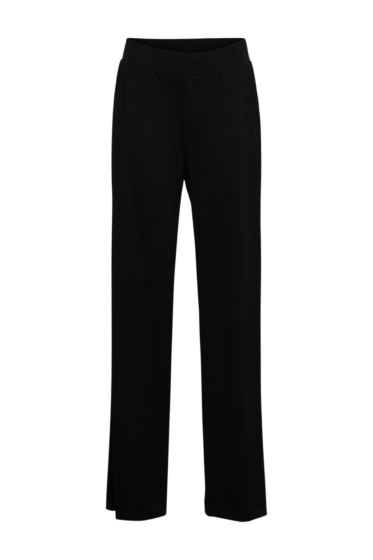 Zwarte Riley broek van &Co woman, casual comfort, met elastische taille en rechte pasvorm, gedragen door een model.