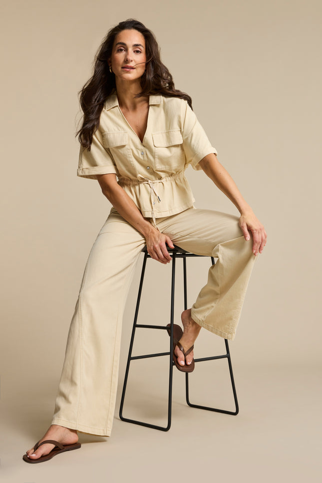 Red Button Blouse Drew Drawstring Co/Linen Oatmeal SRB4909 Stretchshop.nl