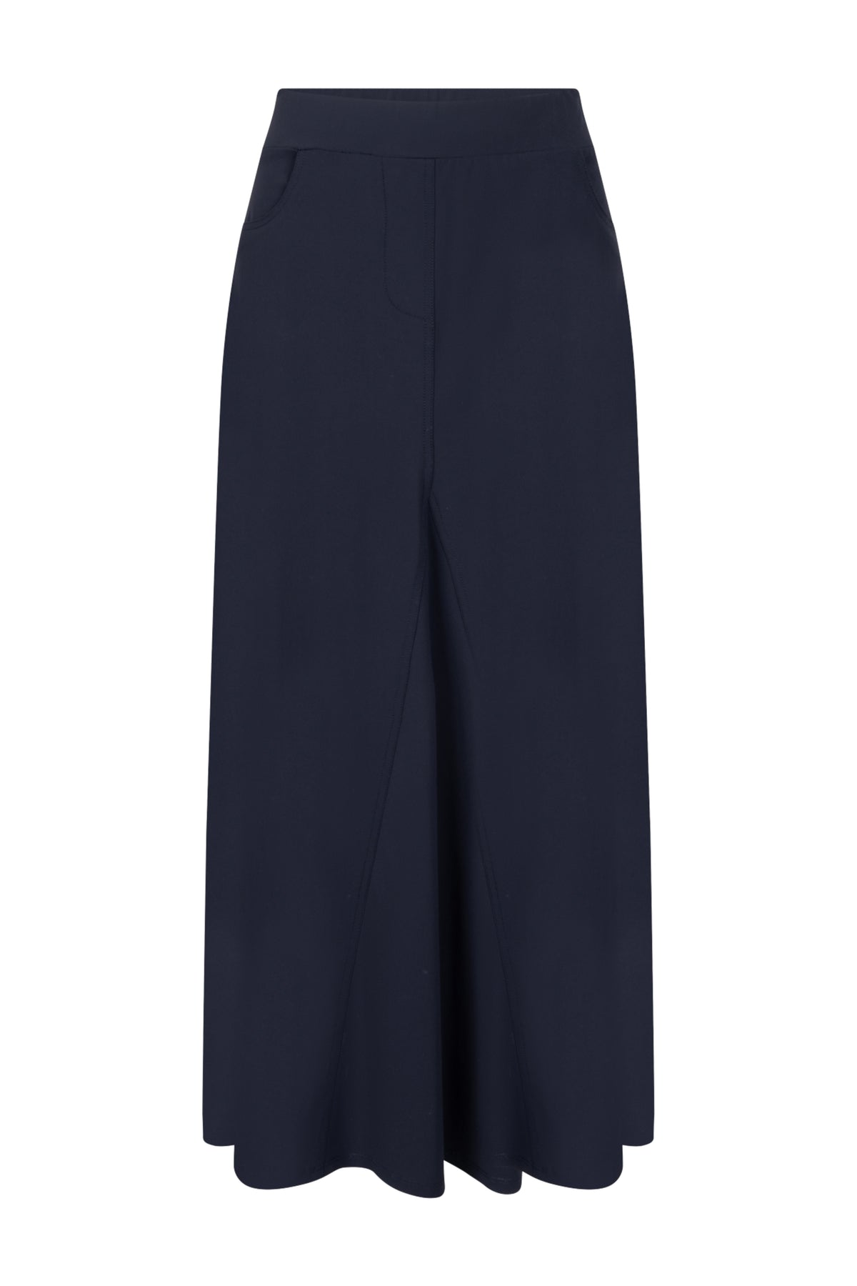 Navy blauwe travel rok Helena van Zoso, getoond in een stijlvolle pasvorm met elastische taille en praktische details.