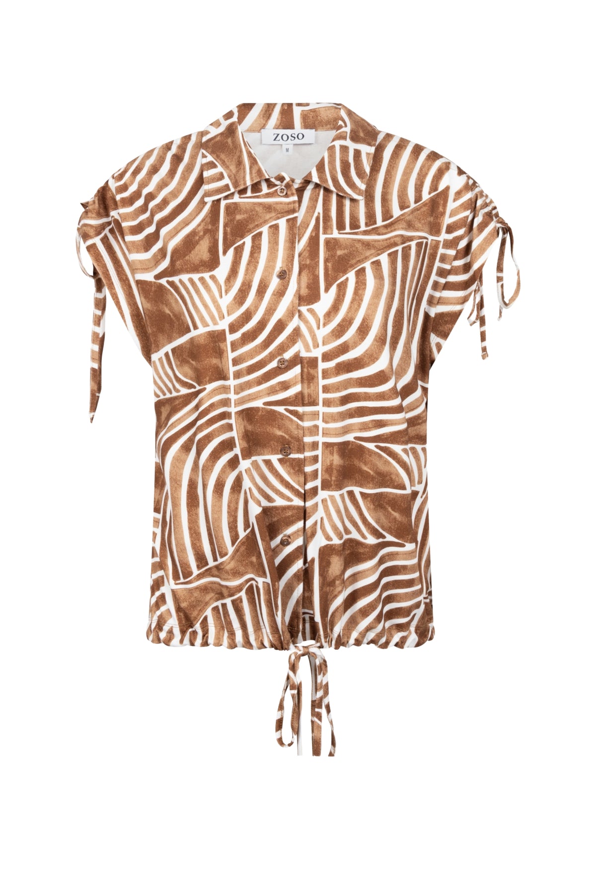 Zoso Leila zomerblouse in camel met korte mouwen en losse pasvorm, ideaal voor casual draagstijl.