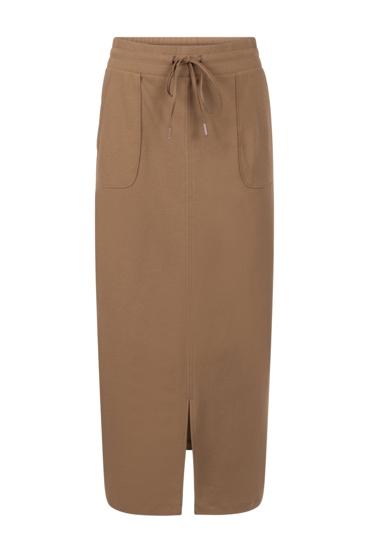 Lichte zomerrok Merle Camel van Zoso, getailleerd model met zijzakken en knoopdetails, geschikt voor casual en zomerse outfits