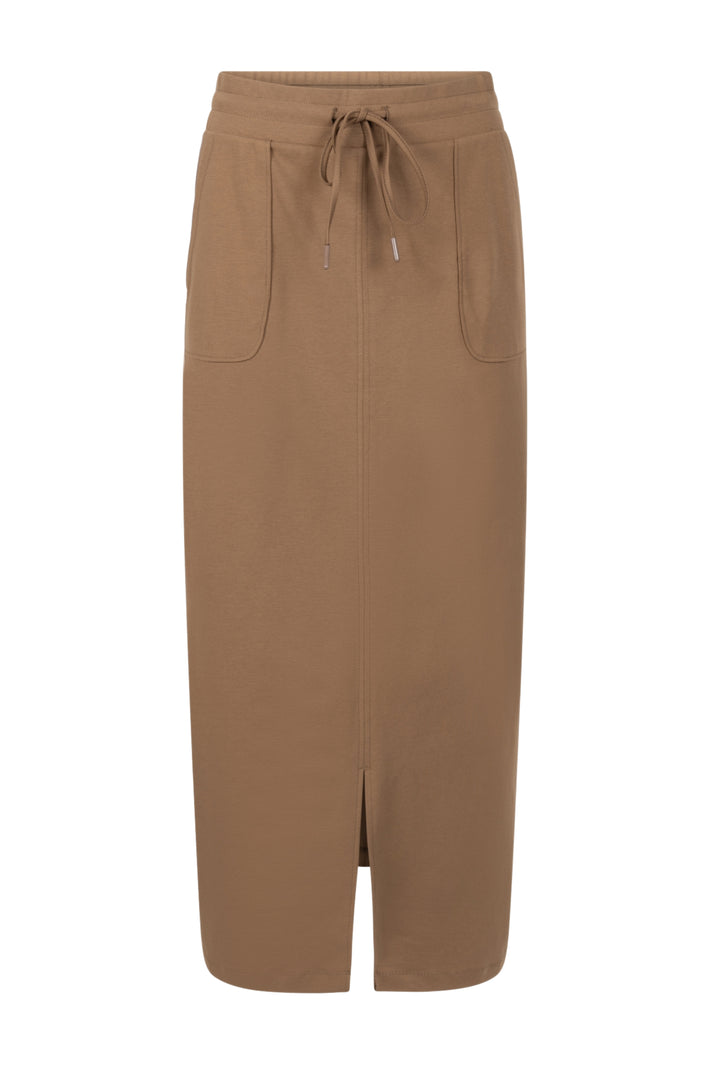 Lichte zomerrok Merle Camel van Zoso, getailleerd model met zijzakken en knoopdetails, geschikt voor casual en zomerse outfits