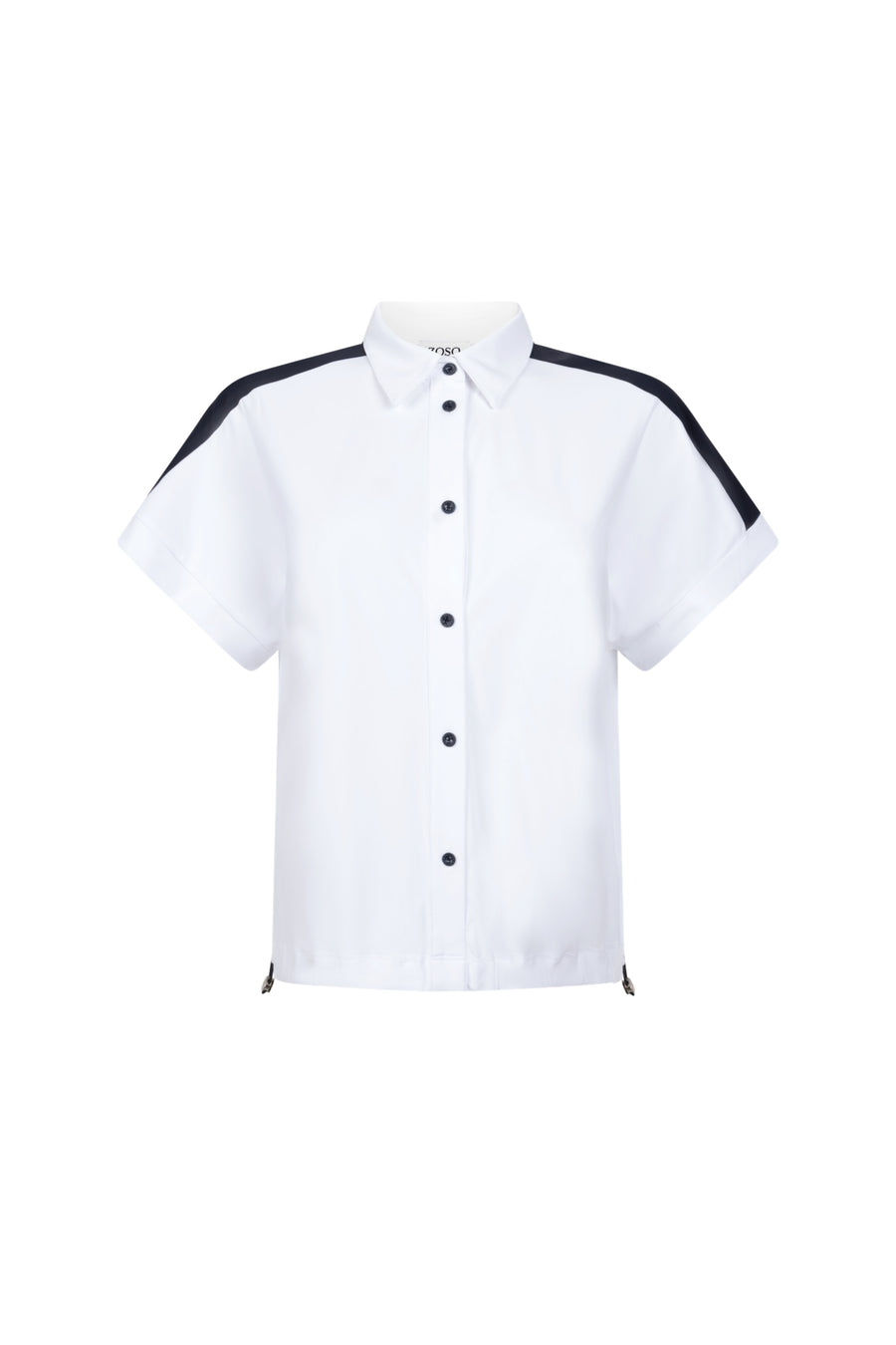 Zoso Travel blouse Peggy in wit en navy, zichtbaar met stijlvolle snit en lichte stof, ideaal voor reizen.