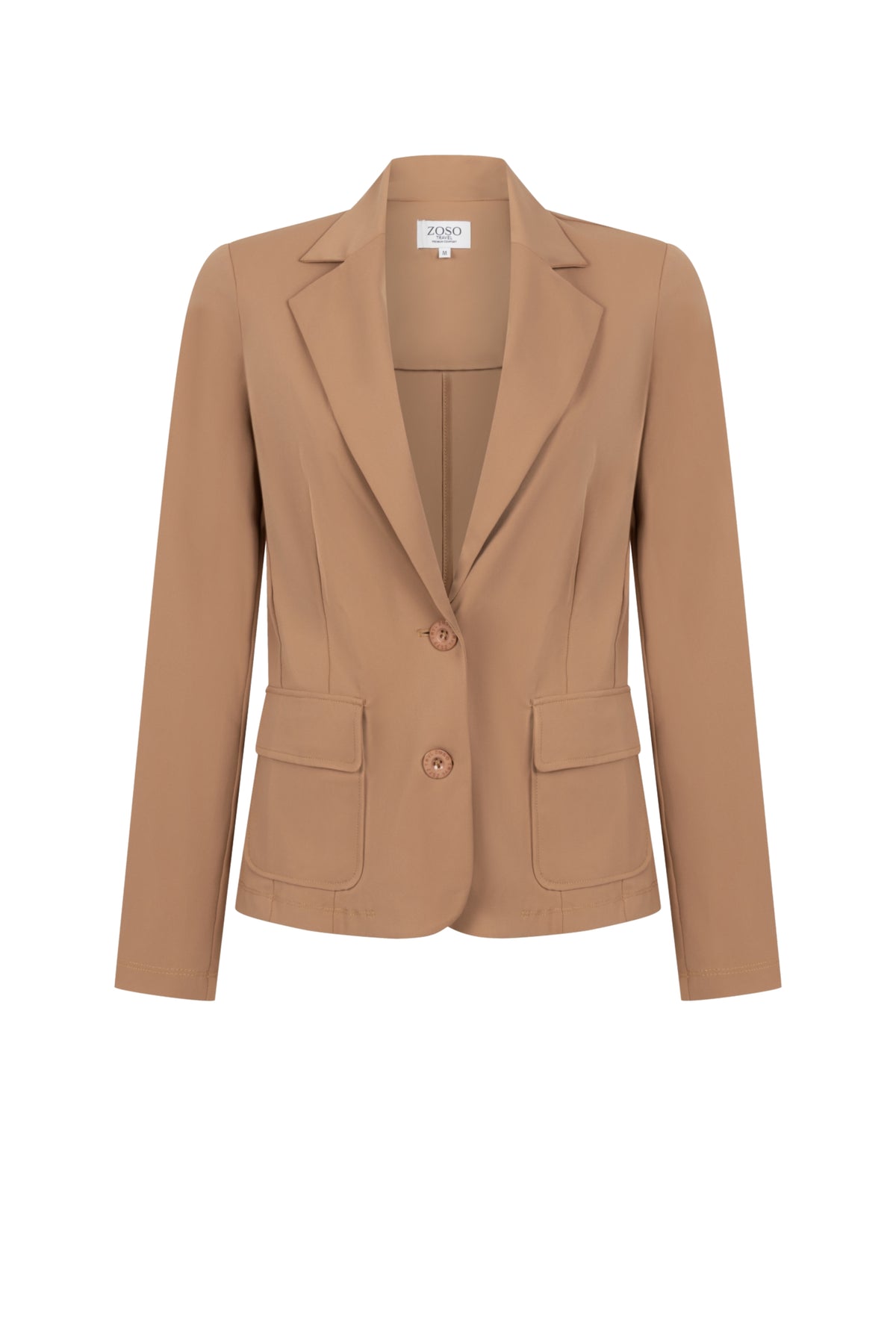Zoso Travel Blazer Chantal Summer Camel, lichtgewicht zomerblazer voor dames, zichtbaar in de afbeelding.