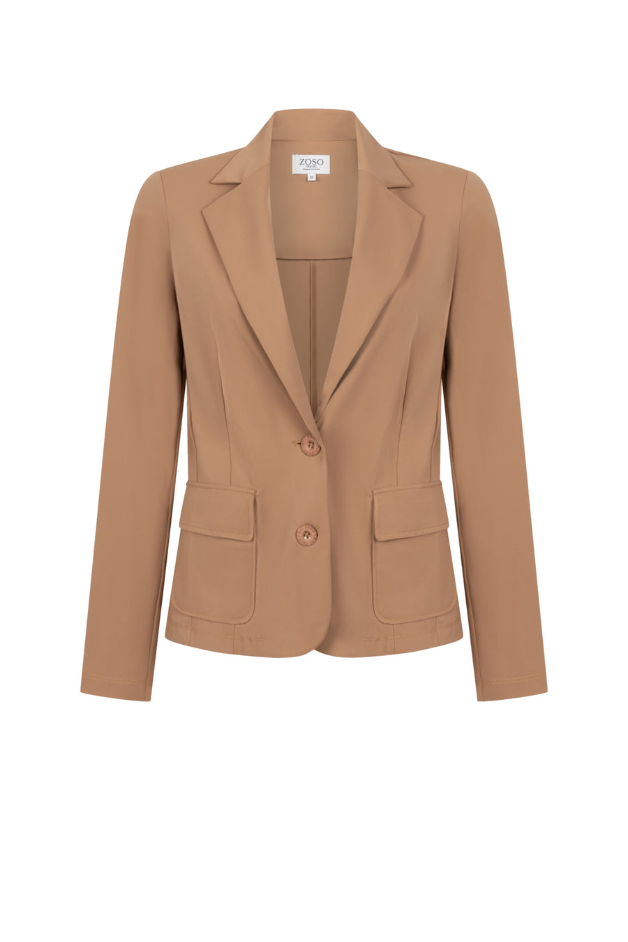 Zoso Travel Blazer Chantal Summer Camel, lichtgewicht zomerblazer voor dames, zichtbaar in de afbeelding.