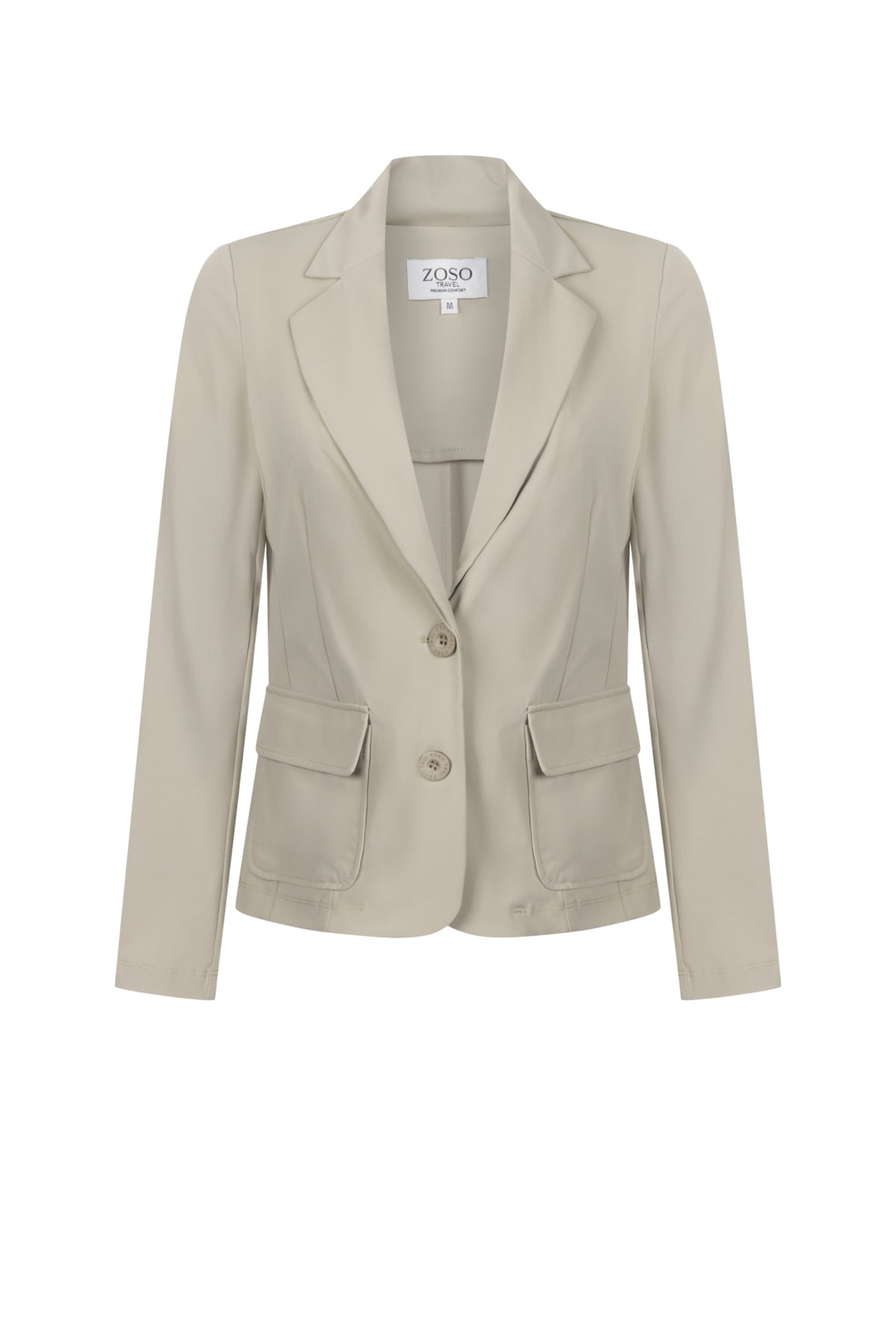 Zoso Travel Blazer Chantal Sage, stijlvolle groene jas met reverskraag en knoopsluiting, geschikt voor reizen en zakelijk gebruik.