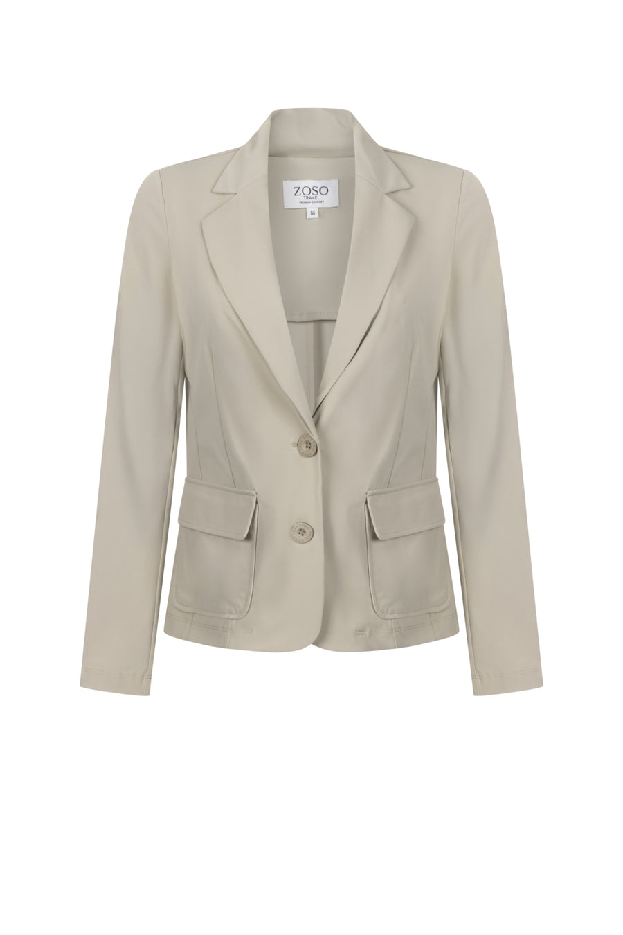 Zoso Travel Blazer Chantal Sage, stijlvolle groene jas met reverskraag en knoopsluiting, geschikt voor reizen en zakelijk gebruik.